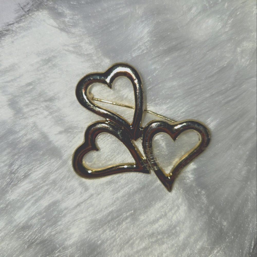 Vintage Gold Plated Triple Heart Brooch